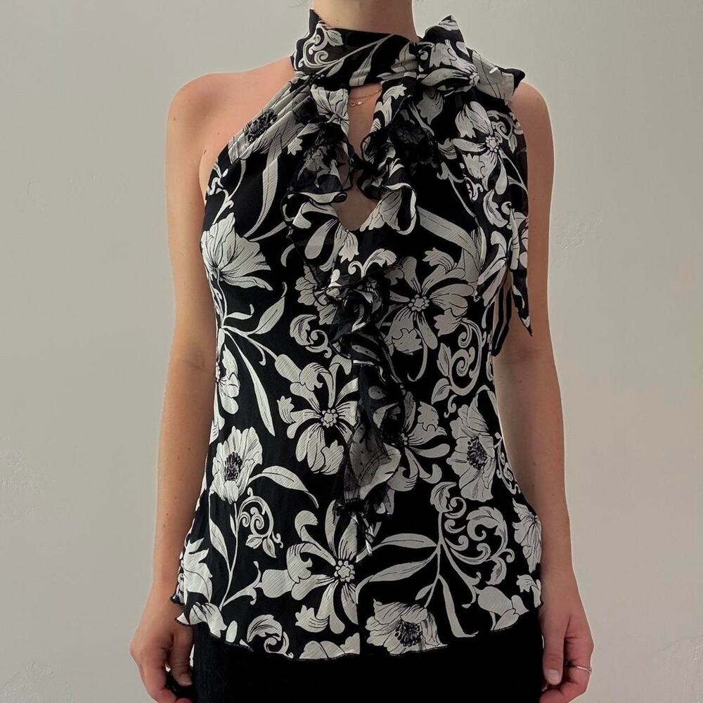 Black and white floral print halter top